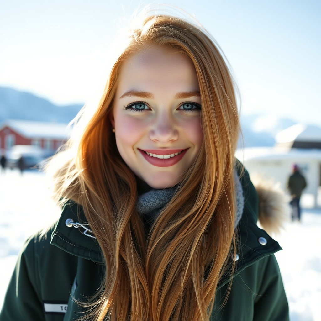 beautiful young woman with ginger cherry blonde long hair, happy full lips, perfect eyebrows, pale skin, on Alaska during winter in Anchorage on sunny snow day