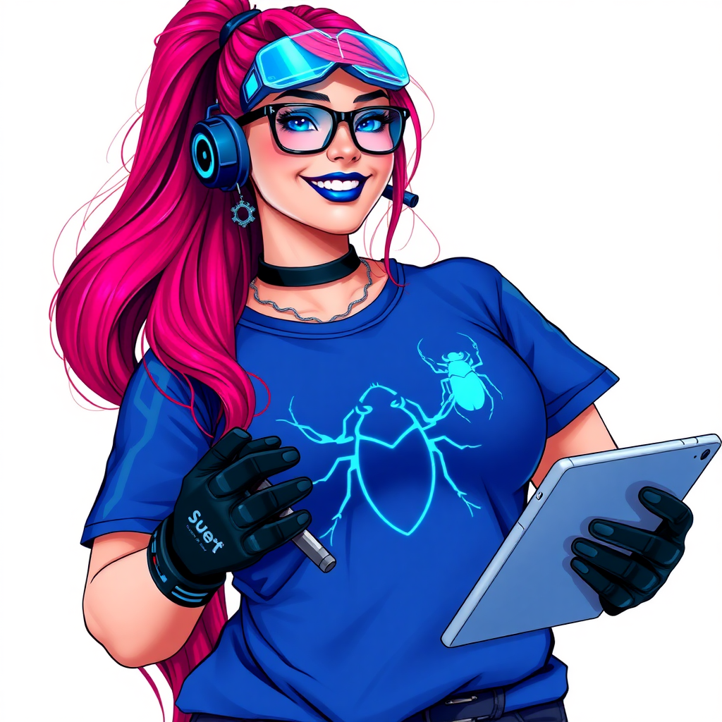 An intelligent and tech-savvy 29-year-old computer hacker and tech genius. She has a long ruby red ponytail. She wears maximum blue lipstick, blue eyes, a sapphire beetle gemstone necklace, sapphire earrings, black eyeglasses, hi-tech power gloves, and an oversized maximum blue t-shirt featuring a neon blue glowing beetle chest icon. She has a gargantuan full-figured physique with a prominent round gargantuan midsection, reflecting her well-cared-for lifestyle. She sports a sapphire headset with a hi-tech maximum turquoise lensed HUD, and a beaming smile accentuated by a passionate neon red blush. She serves as his tech expert from his hideout, holding a futuristic tool wrench and a futuristic digital tablet. The background is solid white. She is drawn as if she was in a retro 2D cyberpunk fighting game.