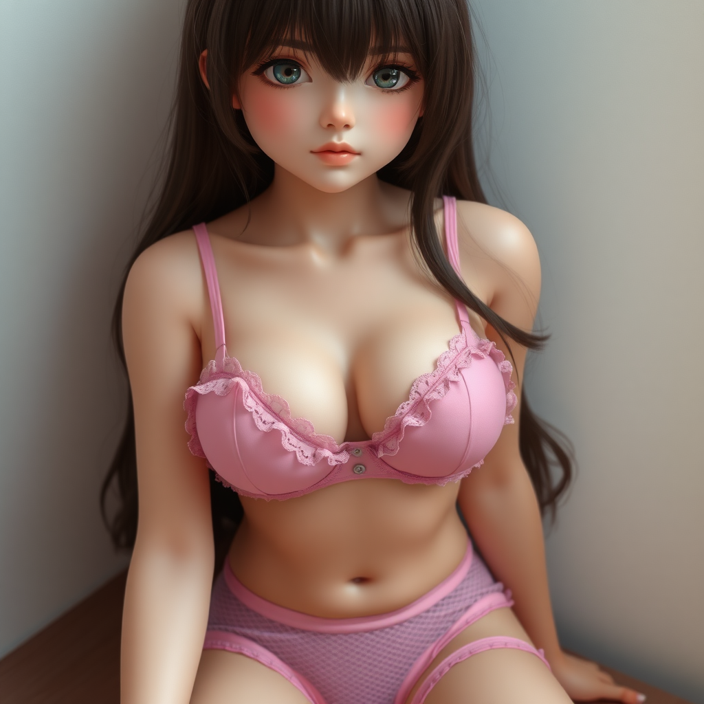 1girl, solo, perfect face, look at viewer, sitting, photorealistic realistic, babydoll, bare arms, bare shoulders, collarbone, cleavage, large breasts, bra, strap slip, frills, underwear, pink bra, navel, pink panties, frilled panties, lace trim, see-through, masterpiece, best quality, highly detailed,