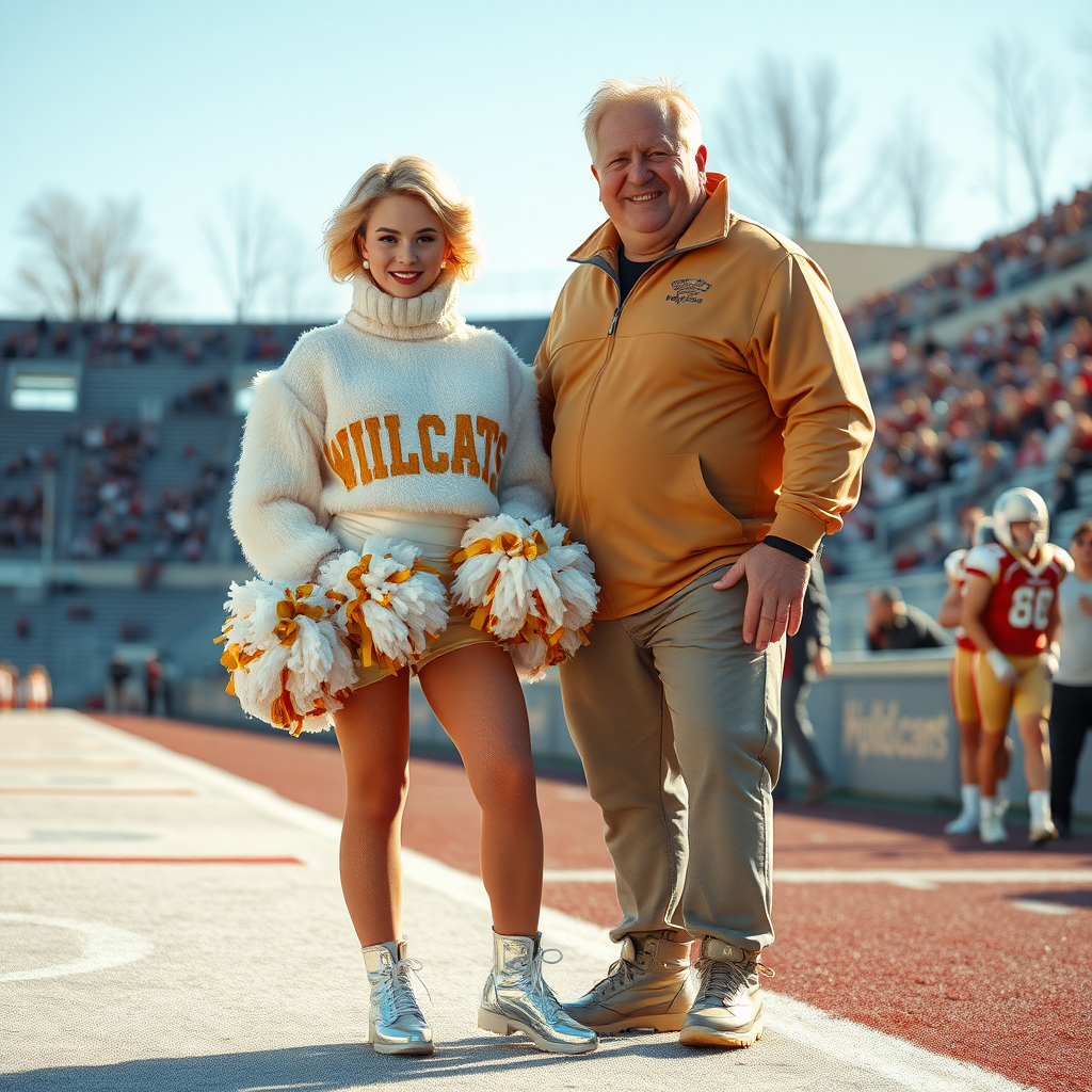 Sunny cold fall noon, college football stadium game, cheerleaders leader squat: Ana, European 17 years old very convincing femboy “QB’s trophy-bimbo,” tamed servile docile, very beautiful feminine flawless face, rather short boyish figure, platinum blond short tight curls, bold red lips, heavily made-up face, fluffy very fuzzy bright white plushy hazy thick angora turtleneck-sweater with “gold “WILDCATS” letters, vinyl gold short shorts, mesh pantyhose, white vinyl thigh-high boots with golden heels, large gold-white pompoms, pearl earrings, standing, shoulders slightly arched back to present her assets, posing for photo with Hank: older tall overweight male football coach, wearing college football coach outfit, triumphant smile, nimbly patting Ana. Jealously watching from behind: very angry wildcat’s QB.