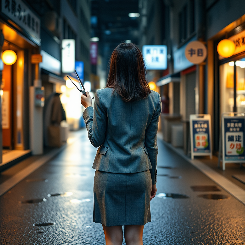 the back of a young Japanese businesswoman.  She wears a grey blazer and a grey skirt and faces the camera.  She holds a pair of long scissors in one hand. The lights from the shops in the alleyway glint off of the scissors.  The lights from the shops in the alleyway are reflected in the rain puddles scattered on the asphalt of the ground. It is late at night.