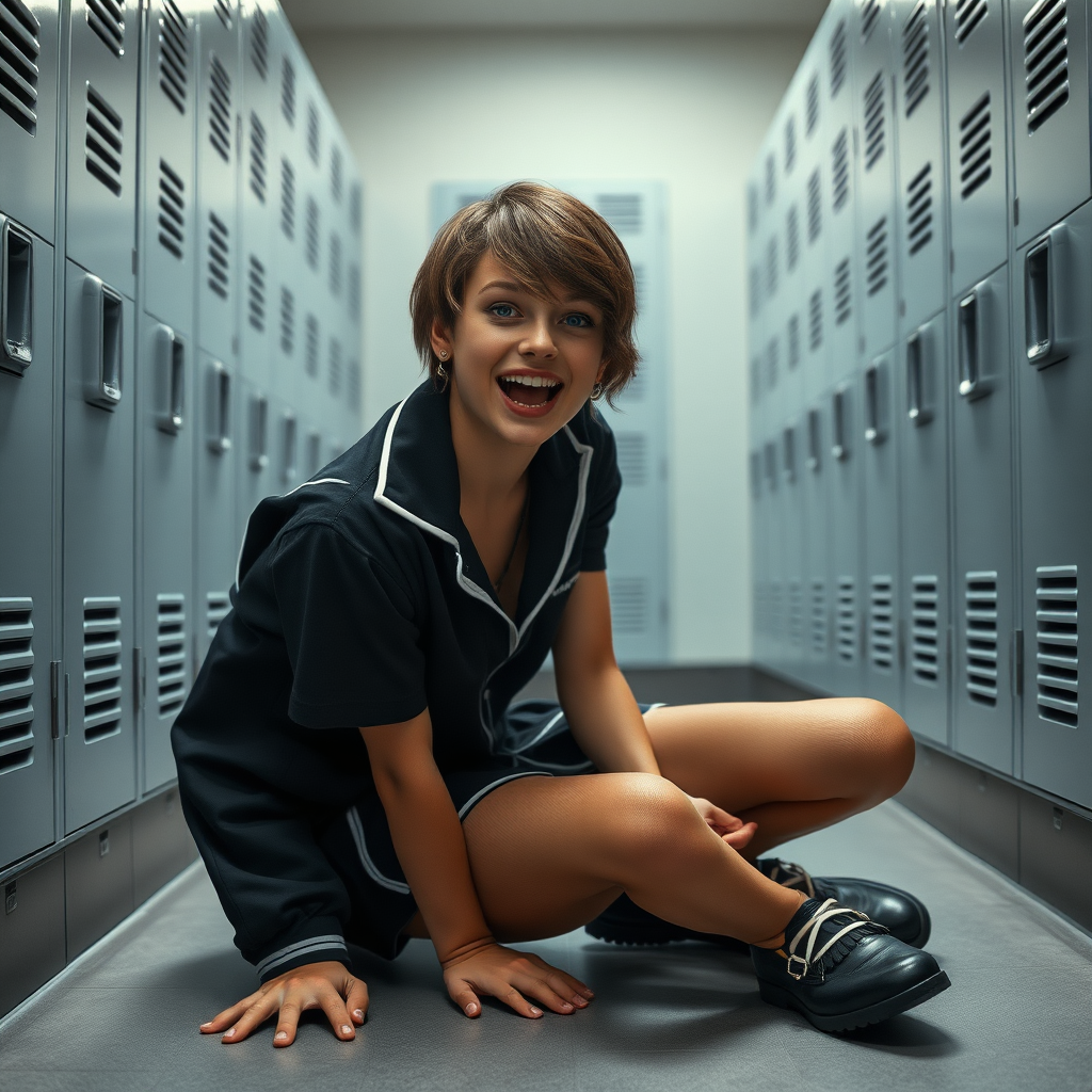 photorealistic, ultra high resolution, 16K, surreal fantasy, soft studio lighting, Tyler Swift is a pretty 17 year old goth male, slim male physique, short dark hair, blue eyes, goth makeup, earrings, sheer pantyhose, UK girls-school uniform, Mary-Jane shoes, kneeling on the floor of the locker room looking up at the camera, excited open mouth smile, drooling saliva, facing the camera.