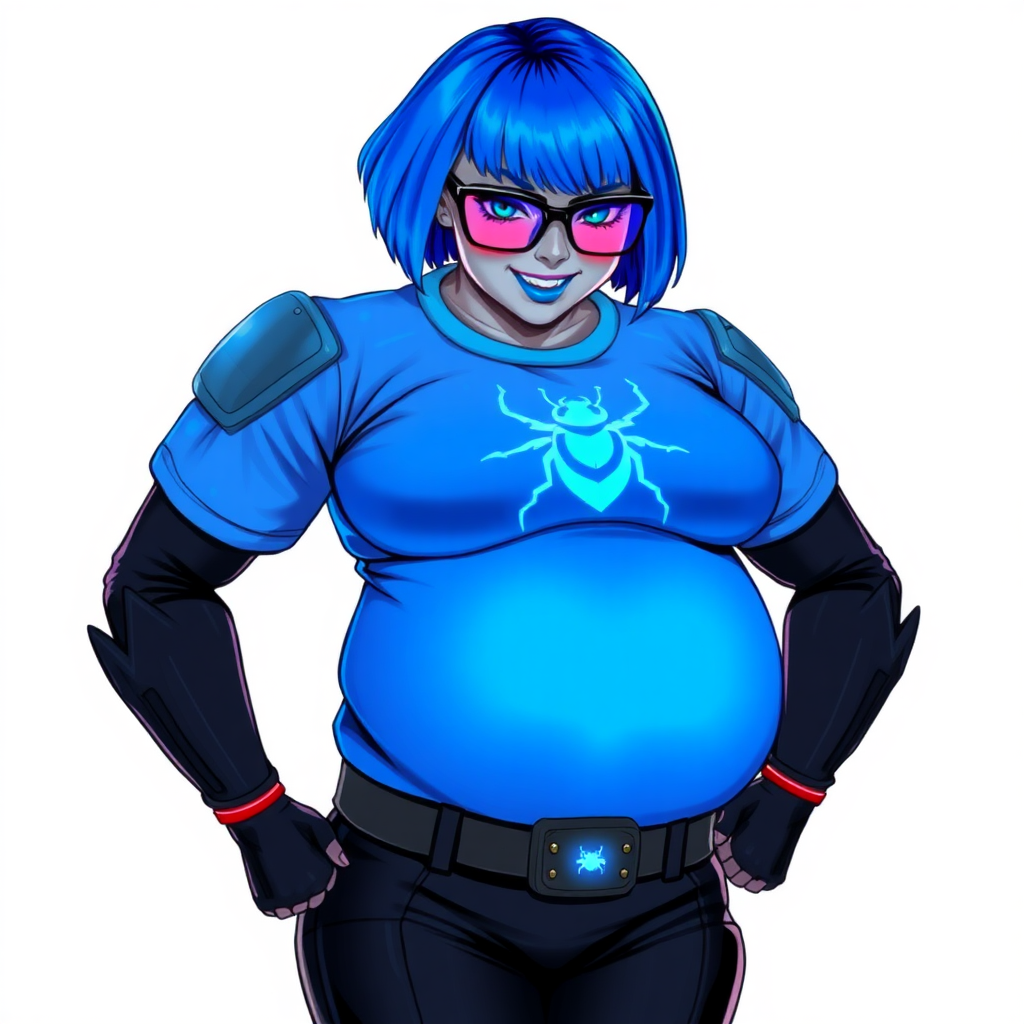 A 28-year-old, full-figured, metallic middle gray skinned cyberpunk computer program hybrid with a short maximum blue bob cut. She has a non-athletic build, highlighted by a prominent, round midsection (with a focus on her round belly). As a digital sidekick to her cyberpunk vigilante boyfriend, her middle gray metallic skin and maximum blue lipstick emphasize her digital nature. She wears a digital, computerized costume consisting of a huge, tight-fitting, neon blue glowing, digital armored, maximum blue t-shirt (accentuating her round belly) with a neon blue glowing chest icon of a beetle, black digital pants, a black belt with a neon blue glowing digital beetle buckle, and black hi-tech gloves. Her bright blue eyes, black eyeglasses with a glowing bright neon blue lensed HUD, and shy smile with neon red blush accentuate her nerdiness. She bashfully bows her head (while still facing the screen) with her hands behind her back, her t-shirt covers her midsection (especially her belly) and emphasizing her full-figured, non-athletic physique. She is on a solid white background. She is drawn as if she was in a retro 2D cyberpunk fighting game. She is clearly non-athletic, with a focus on her full figure. Make sure her costume covers all of her bare skin (especially her round belly).