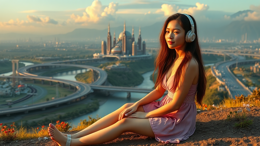 pretty asian woman with long hair in pretty short dress, sitting on the ground with headphones, on an alien planet with an alien city in the background, nice greenery, flowers, rivers, and nice sunrise clouds, highways and streets, ultra realistic view and ultra high cinematic detail