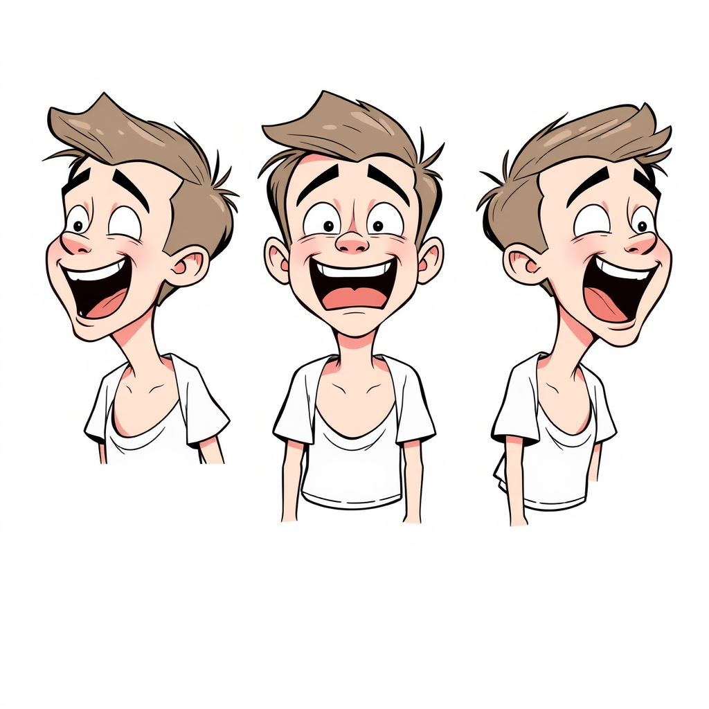 multiple views with progression, character design sheet, short, excited, smiling, ecstatic, open mouth, sweating, 15 year old european boy, drooling, detailed features, long establishing shot, 2D, caricature, cartoon, Sketch lines, coloring book, coloring book style on white background, well composed, clean coloring book page, No dither, no gradient, strong outline, No fill, No solids, vector illustration, side view, vector illustration, empty space around each view, movement lines