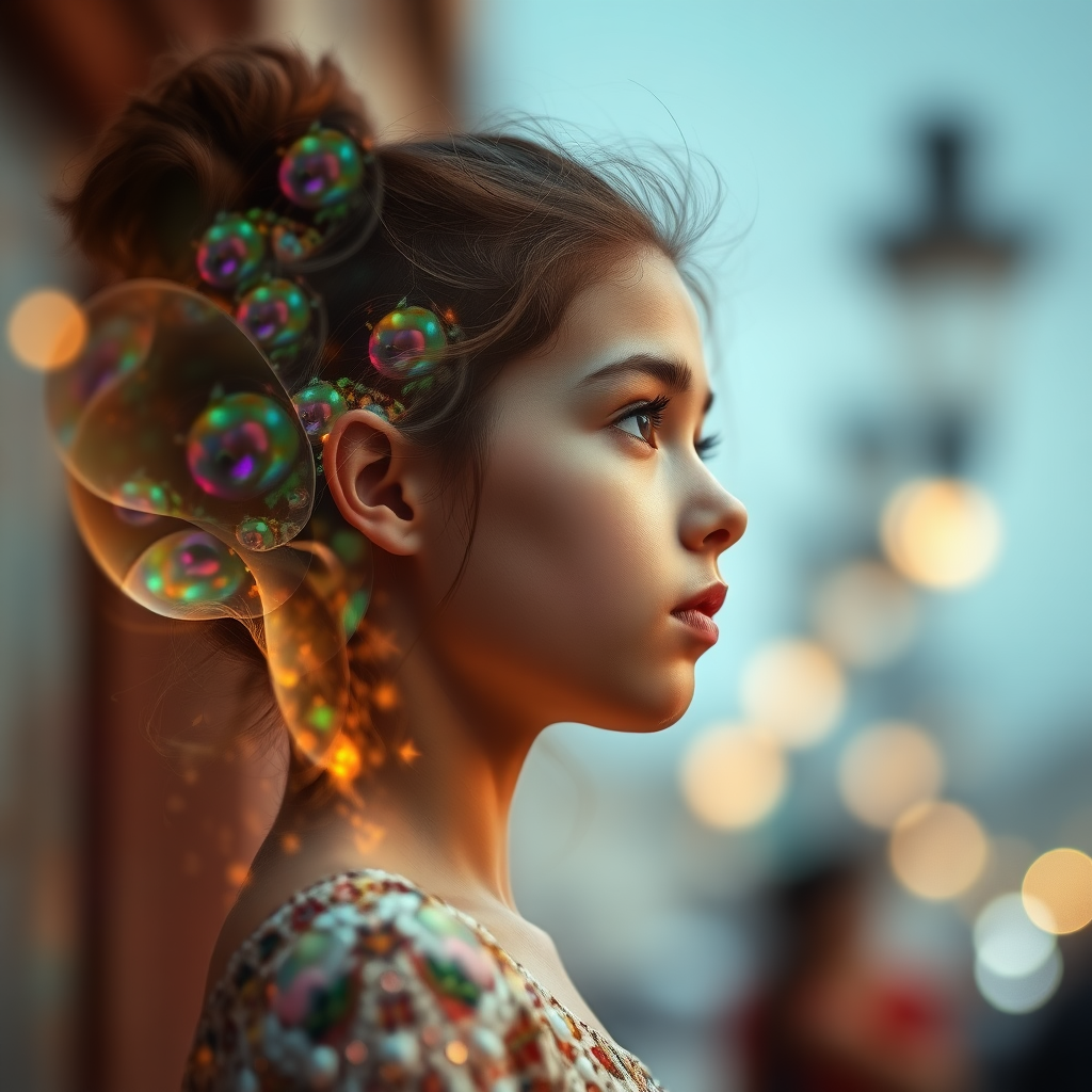 french preteen girl in dynamic pose, in profile, abstract, mandelbulb fractal, dynamic composition, street photography, fractal, brilliant colors, glittering, translucent, opal, gold, sharp focus, floral, mother of pearl, iridescent, natural, glowing, Bokeh