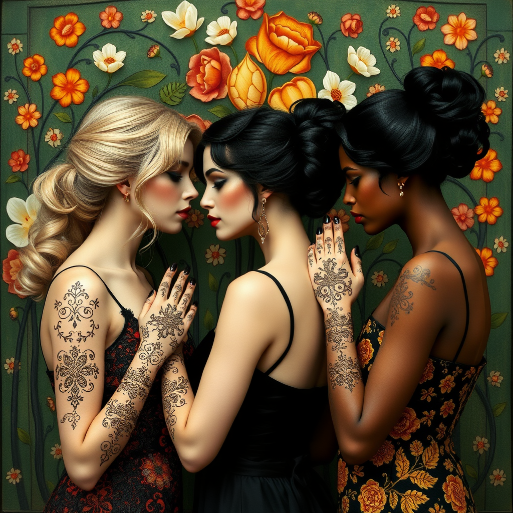 Prompt by picture with: In the Max Klimt style. Women (one is blonde and two are black-haired) with filigree henna tattoos on their hands and arms stand in front of an Art Nouveau relief with many small colorful flowers painted on a green background. They have very, very white skin. The hairstyles are updo hairstyles in Art Nouveau.