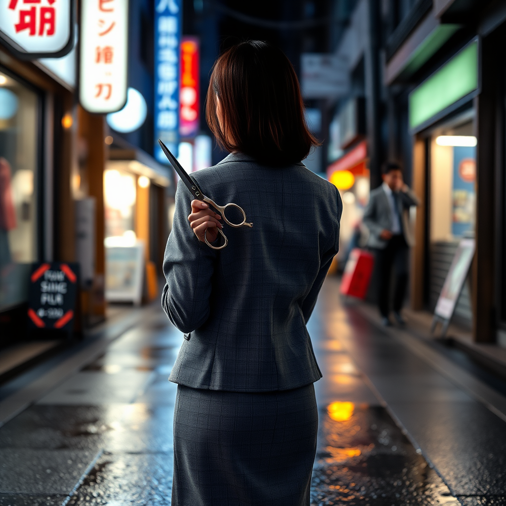 the back of a young Japanese businesswoman. She wears a grey blazer and a grey skirt and faces the camera. She tightly grips a pair of long scissors in one hand. The lights from the shops in the alleyway glint off of the scissors. The lights from the shops in the alleyway are reflected in the rain puddles scattered on the asphalt of the ground. It is late at night.