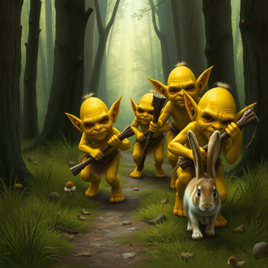 A realistic picture of several yellow goblins of different sizes and looks with wooden clubs looking at and chasing after a fleeing bunny along a forest path.