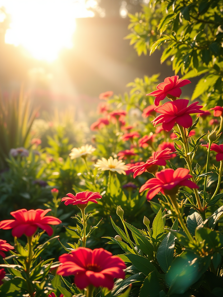 A realistic 4K scene of a beautiful garden in the morning, illuminated by soft sunlight. The garden is filled with vibrant flowers, lush greenery, and gentle morning dew sparkling on the leaves. The warm glow of the sun creates a serene and inviting atmosphere, capturing the tranquility of a perfect morning.