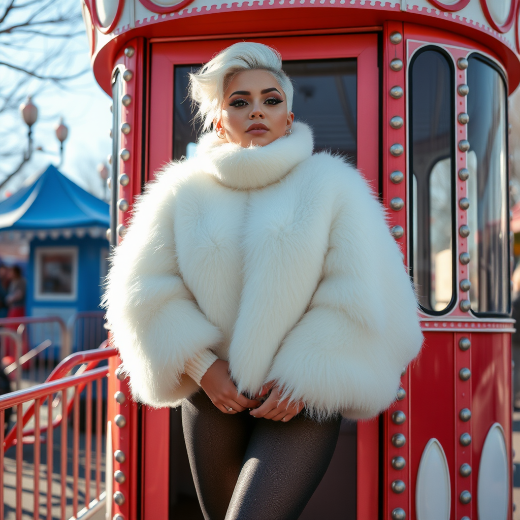 Amusement park “kissing booth”, sunny spring Sunday morning. Sam, 19 years old beautiful involuntary femboy, rebellious intractable character, petite boyish figure, platinum blond boyish rebel punk hairstyle, flawless heavily made-up face with sharp arched tattooed eyebrows, wearing Supertanya-style fluffy very fuzzy bright white angora thigh-length turtleneck-poncho fully covering body and arms, silver-glitter leggings, black leather high-heeled pumps, silver earrings, both hands tied to pole behind back, standing inside kissing booth, waiting for next customer to kiss. Focus on Sam’s face and turtleneck-poncho.