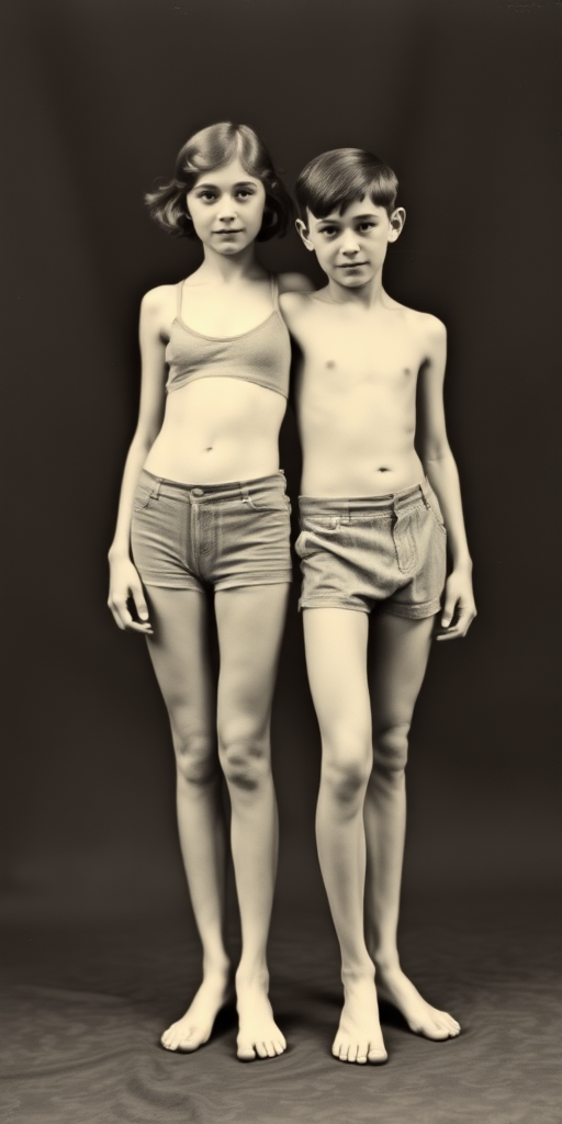 teen girl and boy, skinny, slender physique, wearing micro-shorts, full length view, vintage, 1920s