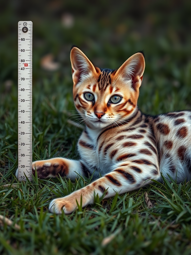 Create a hyper-realistic 4K image of a Rusty-Spotted Cat lying on the grass. Include a ruler next to the cat to measure its body length, which should be indicated as 48 cm. Make sure the fur details are sharp and the overall scene looks natural, with the cat's distinctive markings and the grass clearly visible.