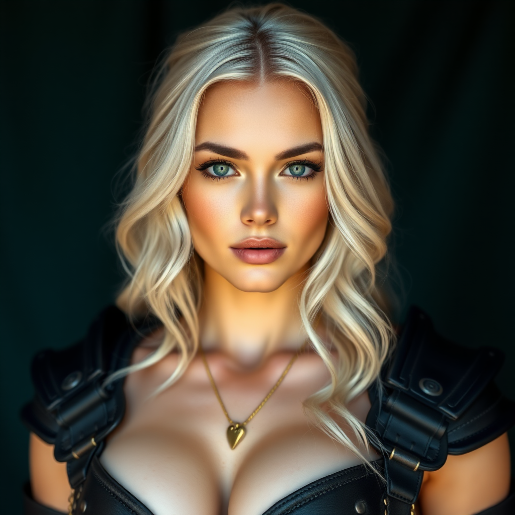 Portrait of a beautiful young woman with long wavy platinum blonde hair, green eyes, a suntan, light brown eyebrows, and large breasts. She is wearing black leather armor and a gold necklace with a small heart pendant.