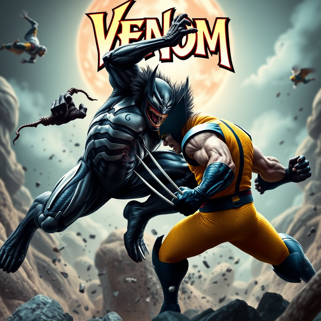 Jumping out of an epic comic book cover is Venom Vs Wolverine head-to-head in battle. Cinematic Real3d photo-realistic quality.