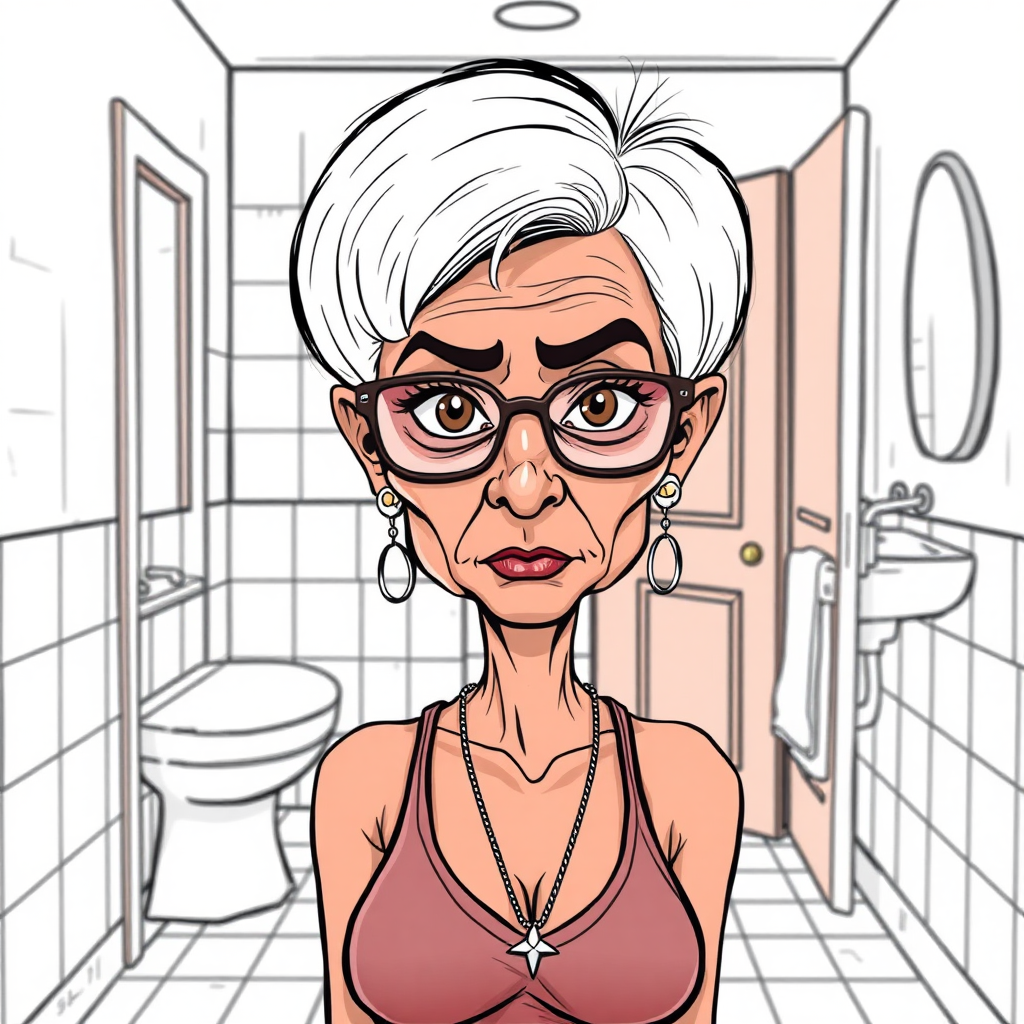 55 Years old, European, Latina, sharp aquiline nose, wrinkles, high cheekbones, Middle Eastern, Skinny, Tanned skin, Dark light skin, Rounded Medium breasts, Skinny thighs, round ass, full Makeup, jewelry, Serious face, Sharp nose, blushing, Ash hair, short bowl haircut, Brown eye color, Glasses, with detailed features. wide bathroom, she is opening the door in the background, long establishing shot, 2D, caricature, cartoon, Sketch lines, coloring book, coloring bathroom, well composed, clean coloring book page, No dither, no gradient, strong outline, No fill, No solids, vector illustration, realistic proportions,