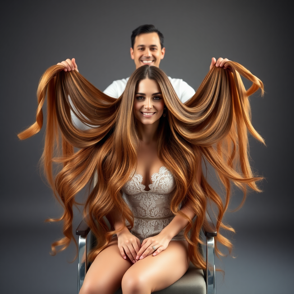 In a beautifully lit photo studio, adorned with soft diffused lighting that creates a warm, inviting atmosphere, Kate Middleton sits gracefully in an elegant salon chair with her hands in her lap, showcasing her luxurious, flowing locks that cascade down like a shimmering waterfall of chestnut and gold. A hairstylist stands behind her and smiles at the camera as he holds up Kate's long magnificent hair, gently spreading it, allowing it to fan out in a majestic display that captures the eye. Kate's delicate lingerie, adorned with intricate lace and satin accents, enhances her natural beauty, offering an air of sophistication and allure. The plain gray background serves to highlight her striking figure and the dazzling sheen of her hair.