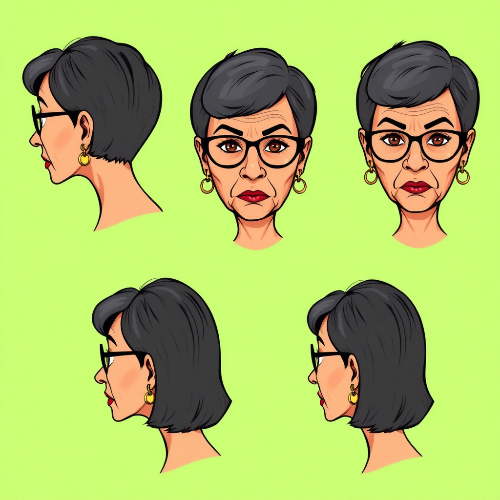 Photorealistic image of six headshots of a 50 Years old, European, Latina, sharp aquiline nose, wrinkles, high cheekbones, Middle Eastern, Skinny, Tanned skin, Dark light skin, full Makeup, jewelry, Sharp nose, frowning, astonished, shocked, dark grey Ash hair, short bowl haircut, Brown eye color, round Glasses, with detailed features. Each photo displays the same face in back, profile and front view, cut out and isolated on a green background. All six heads are visible side by side, empty space around each view, no overlapping. 2D, caricature, cartoon, Sketch lines, coloring book style, well composed, clean coloring book page, No dither, no gradient, strong outline, vector illustration