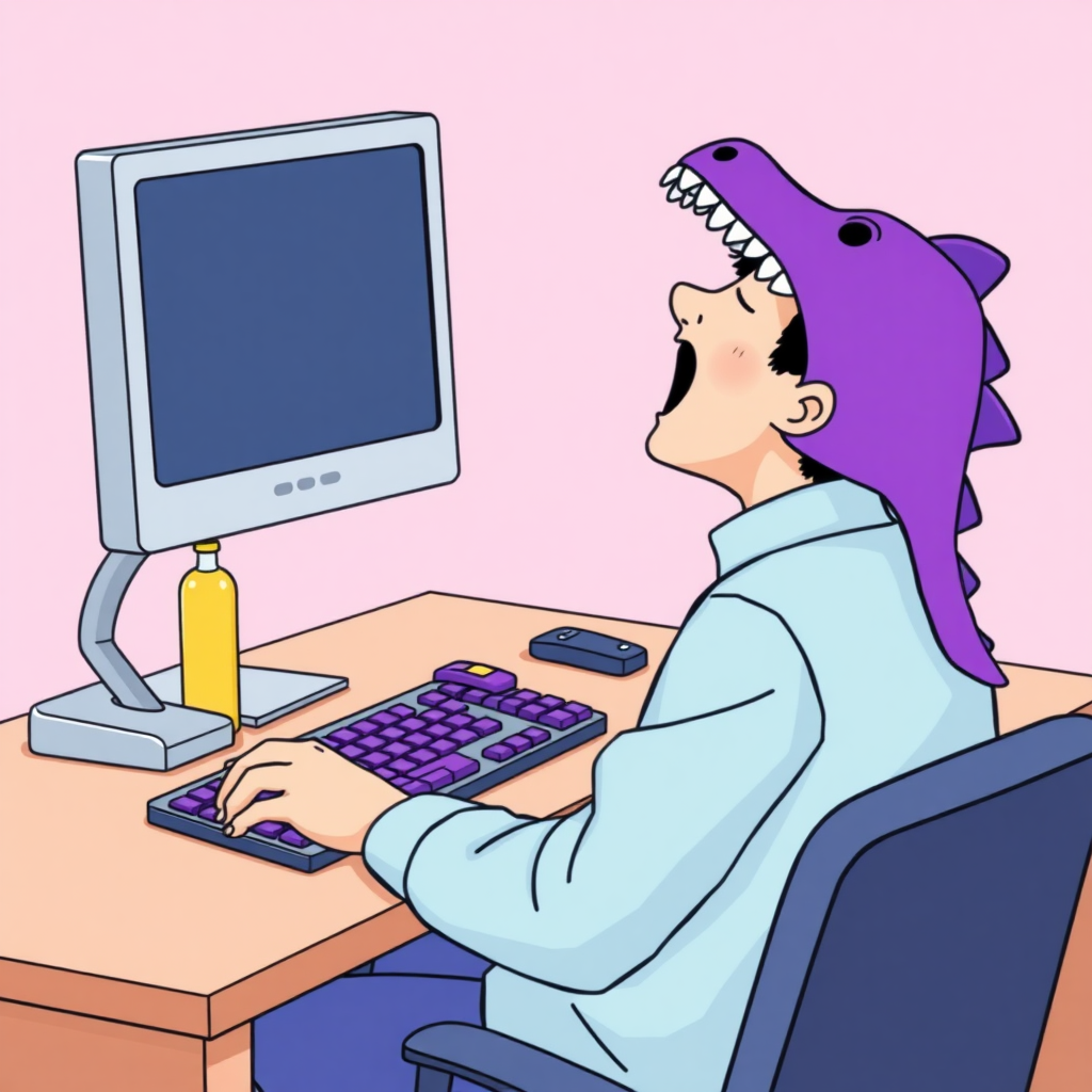 A high-quality illustration of a person sitting at a desk in front of a computer, yawning, with a purple dinosaur-themed cap and light blue shirt. The desk has a computer screen, a keyboard with purple keys, and a yellow bottle beside it. The view is the same as the original image with a light pink background and similar details, but the person now has a dinosaur cap instead of the original one.