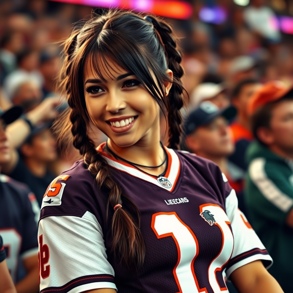 Extremely hot female NFL fan, pigtail hair, wearing partially ripped jersey, cheering, inside the crowd