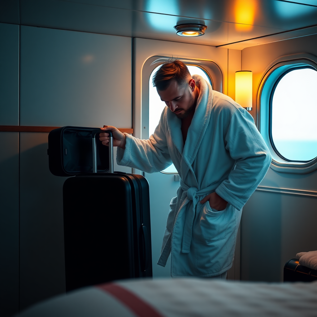 create a photo realistic image of a tourist in a cruise ship cabin sneaking into his suitcase a bathrobe. Make the image rectangle and not square