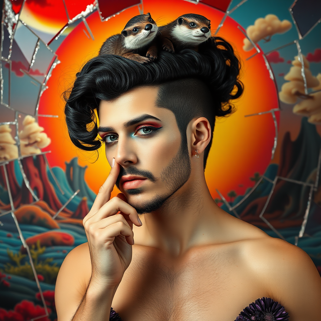 The background is a broken glass with red, blue, yellow, and white. A 4K hyper-realistic photograph in the style of retrofuturista, blending surrealism with kitsch. The subject is a man with an extravagant, curly black haircut, styled in a flamboyant bun, paired with a sexy, masculine look. He sports a neatly groomed, three-day beard — short, evenly distributed, with a light shadow effect across the chin, jawline, and cheeks. His makeup is dramatic, like a drag queen, adding to the boldness of his appearance. He has a muscular, athletic build. A pin-up man in a seductive pose, wearing an extravagant Dior dress. His expression is playful and provocative, with a finger delicately placed on his mouth, adding a touch of mystery. The background is a surreal landscape with vibrant colors and kitsch elements that contrast with his figure. On his head, otters play.