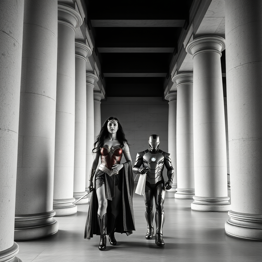 Wonder Woman in Hanfu and Sun Wukong in Iron Man gear are shopping. Cinematic Lighting, available light, a black and white photo of several columns, in the style of Peter Zumthor, neoclassical clarity, polished concrete, sparse and simple, photo, historical, high-angle