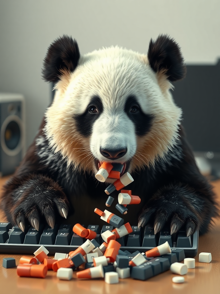 A photo realistic picture of a panda bear eating a computer keyboard. Individual keycaps from the keyboards dropping onto the floor from his mouth.