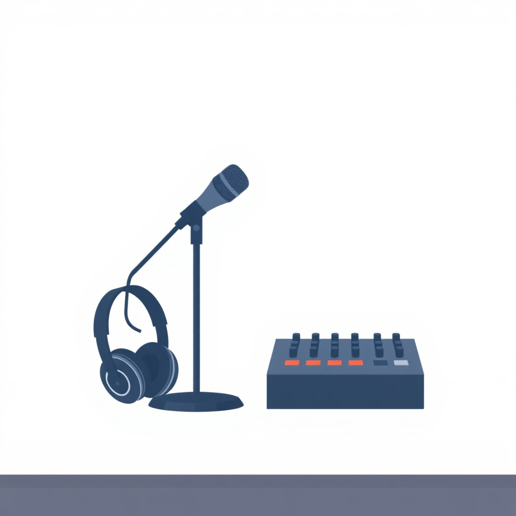 A minimalist, flat design illustration of a podcast setup. The image should include a microphone on a stand, headphones, and a sound mixer on a simple desk or tabletop. The background should be a plain, neutral color like white, gray, or light blue. The overall style should be clean, modern, and visually appealing as a generic stock image for podcasting.