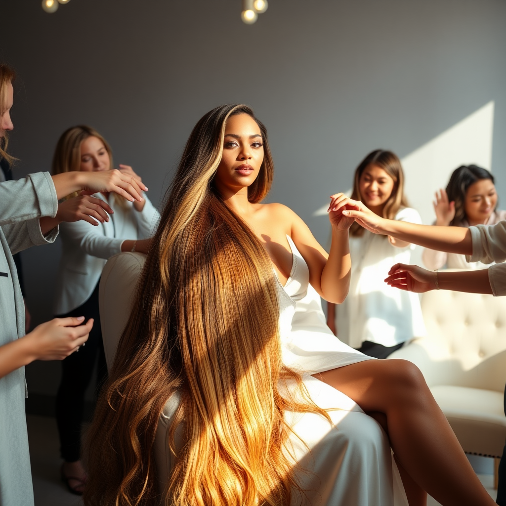 In an elegant, sunlit salon, adorned with soft, minimalistic decor, the stunning Beyoncé sits gracefully in a plush chair, her incredibly long, luxurious hair cascading like a flowing waterfall of silk down her shoulders and past her waist. The gentle glow of overhead lights highlights the rich, deep hues of her hair, each strand reflecting the brilliance of the space around her. 

As an interactive long hair fetish performance art exhibit unfolds, curious visitors gather around, their eyes alight with fascination and excitement. Some eagerly reach out, gently grasping her hair between their fingers, feeling the smooth texture slip through their hands, while others playfully tug at it, testing the boundaries of their interactions. Each movement is accompanied by a symphony of soft gasps and murmurs of appreciation, enhancing the atmosphere of intimacy and connection.

The background is a simple, unobtrusive gray, allowing the artistry of the moment to take center stage. The air is charged with a sense of wonder and exploration, as visitors not only admire Beyoncé's hair but also engage in this tactile experience, deepening their understanding of the artistry behind her presence. Her expression is a mixture of serenity and playful engagement, reflecting her comfort and trust in this unique performance, ultimately creating a captivating scene where art and audience intertwine seamlessly.