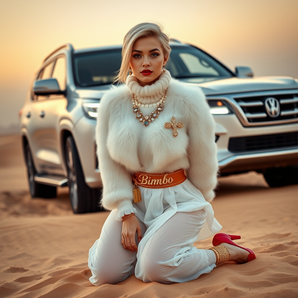 Kuwait desert dunes misty dawn, full size luxury SUV: Melissa, European 17 years old very convincing femboy “trophy-bimbo”, tamed servile docile, very beautiful feminine flawless face, rather short, by hormones very curvaceous womanly figured, platinum blond short tight curls, bold red lips, heavily made-up face, wearing Supertanya-style fluffy very fuzzy bright white angora turtleneck-poncho cropped ending under bust decorated with pearls and gemstones, striking oriental wide gold bridal protection belt, white fully transparent harem pants, bright red pumps with golden very high heels, full Oriental bridal jewelry including headpiece, nose-ring, coin anklets, striking diamond “Bimbo” letter brooch on left chest, pout frustrated, hands tied behind back, kneeling in sand in front of SUV, looking at camera. Focus on face and turtleneck-poncho.