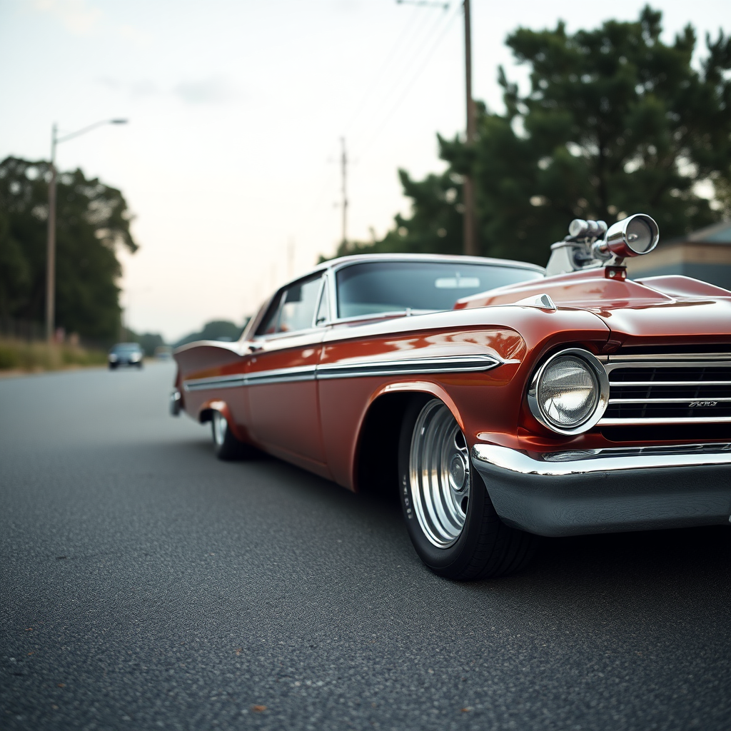 the drag car is parked on the side of the road, inspired by Taiyō Matsumoto, tumblr, restomod, nd4, c4 metallic shine classic american low rider ford