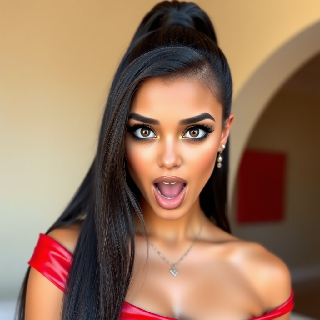 surprised Arabian girl with mouth open. She has very large eyes, black eyeshadow, black eyeliner, fake eyelashes, very tanned skin, very long hair. very high ponytail, red off shoulder shinny crop top. photo realistic, black hair.