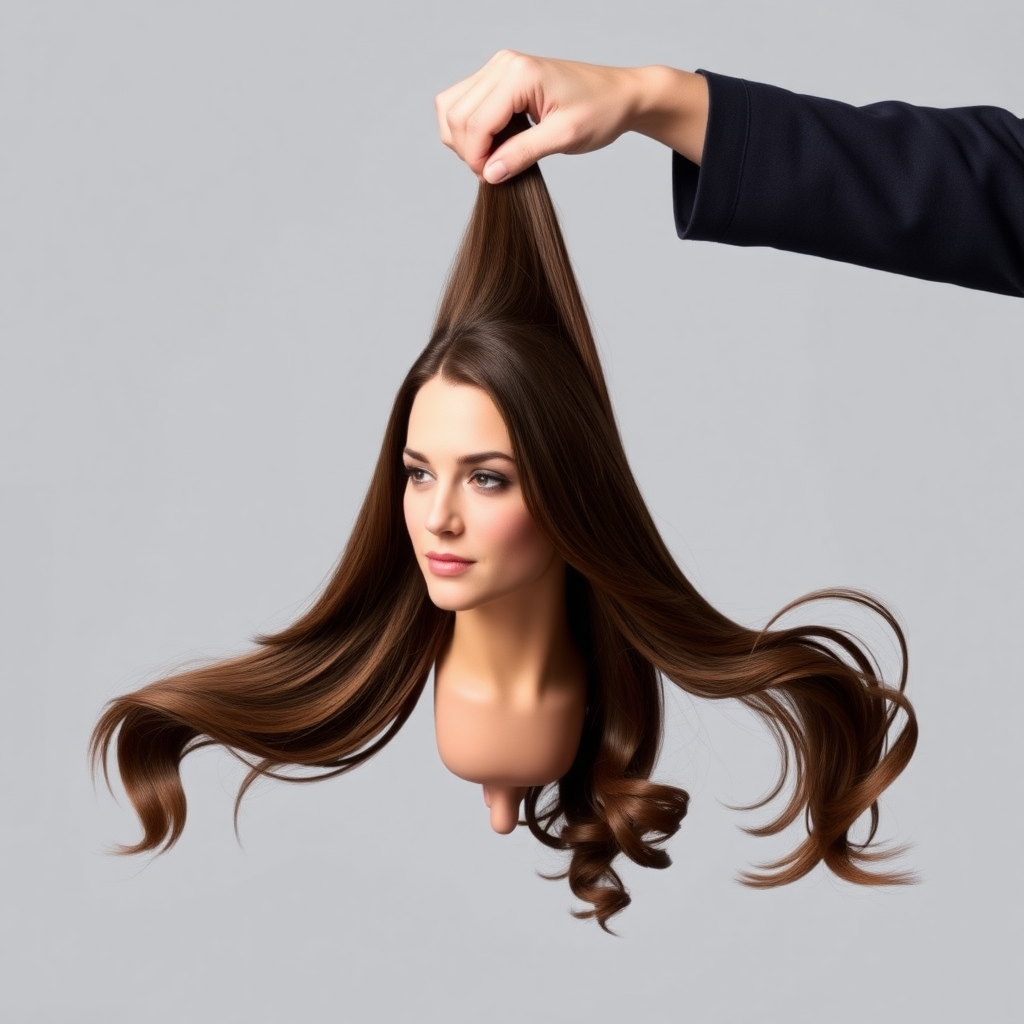 A surreal image of the beautiful disembodied head of a very long-haired Kate Middleton. A hand is grasping the ends of her hair at the top of the frame while her head is hanging down from the other end. Plain gray background.