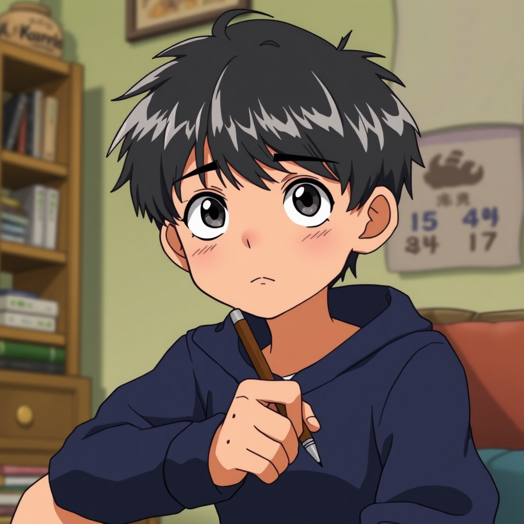 A 12 year old boy with a pen in his hand. He has a concentrated look. He sits in his room. Anime, studio ghibli totoro style.