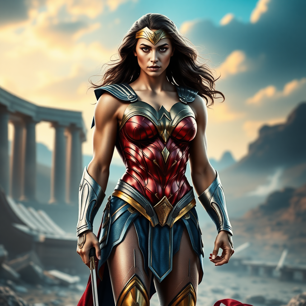 Generate a full-length photorealistic image of a hybrid superhero character inspired by Wonder Woman, featuring a male physique. Retain the iconic costume while adapting it to fit the new proportions, including the armor, tiara, and emblematic colors. The background should reflect themes of strength and valor, incorporating elements like ancient ruins or a vibrant battlefield, evoking the essence of the superhero world. The setting should enhance the character's powerful presence, emphasizing a sense of courage and determination.