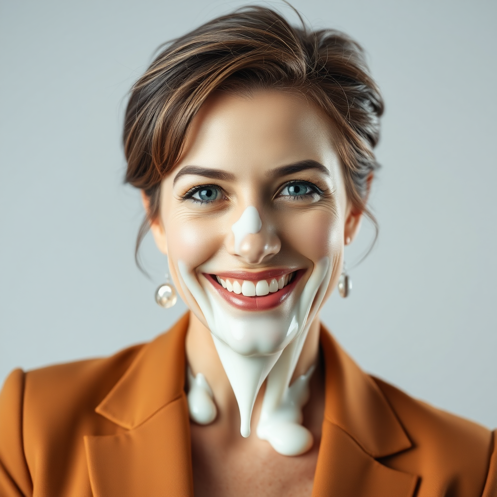 mature attractive business woman with 50 ml of white almost translucent slime dripping down her face, she looks happy and smiling