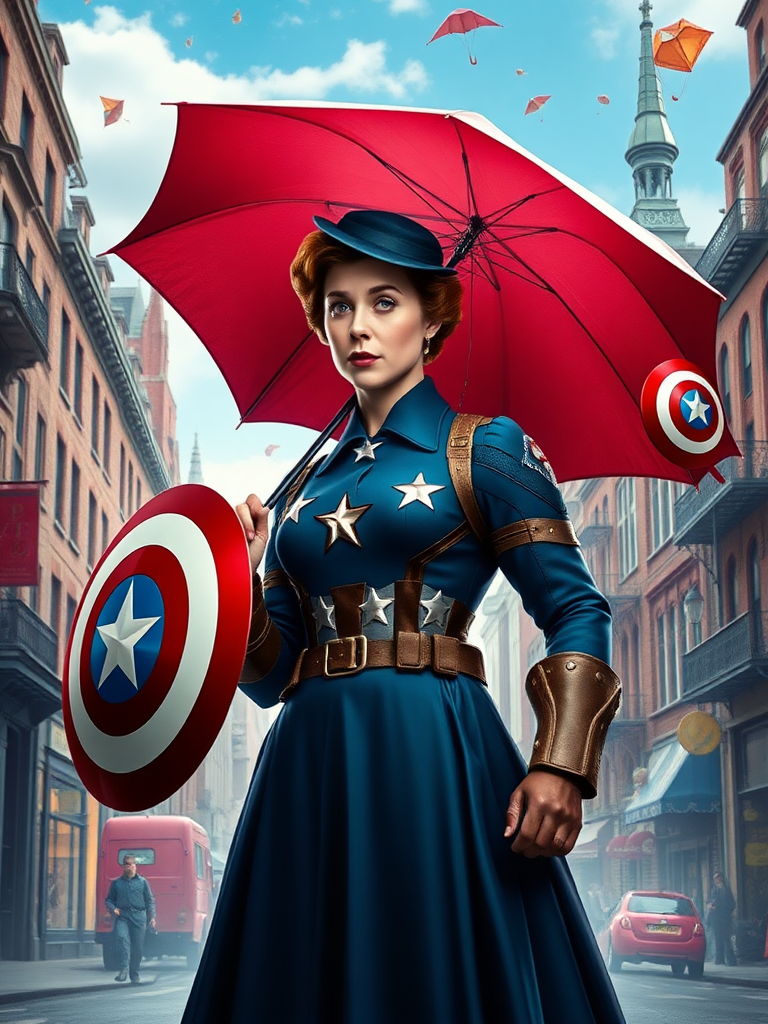 DALL-E 3 prompt (683 characters):

Create a full-length rendered image merging Mary Poppins and Steve Rogers. Maintain Mary's head, hairstyle, and facial features atop Steve's muscular body. Adapt Mary's iconic nanny outfit to fit the new physique, incorporating elements from Captain America's costume such as star motifs or shield-inspired accessories. Adjust the umbrella size to match the larger frame. Set the scene in a whimsical London street blending into a 1940s New York cityscape. Include floating objects like kites or shields in the sky. Ensure the image captures both Mary's magical essence and Steve's heroic stance. Balance vibrant colors from both characters' worlds throughout the composition.