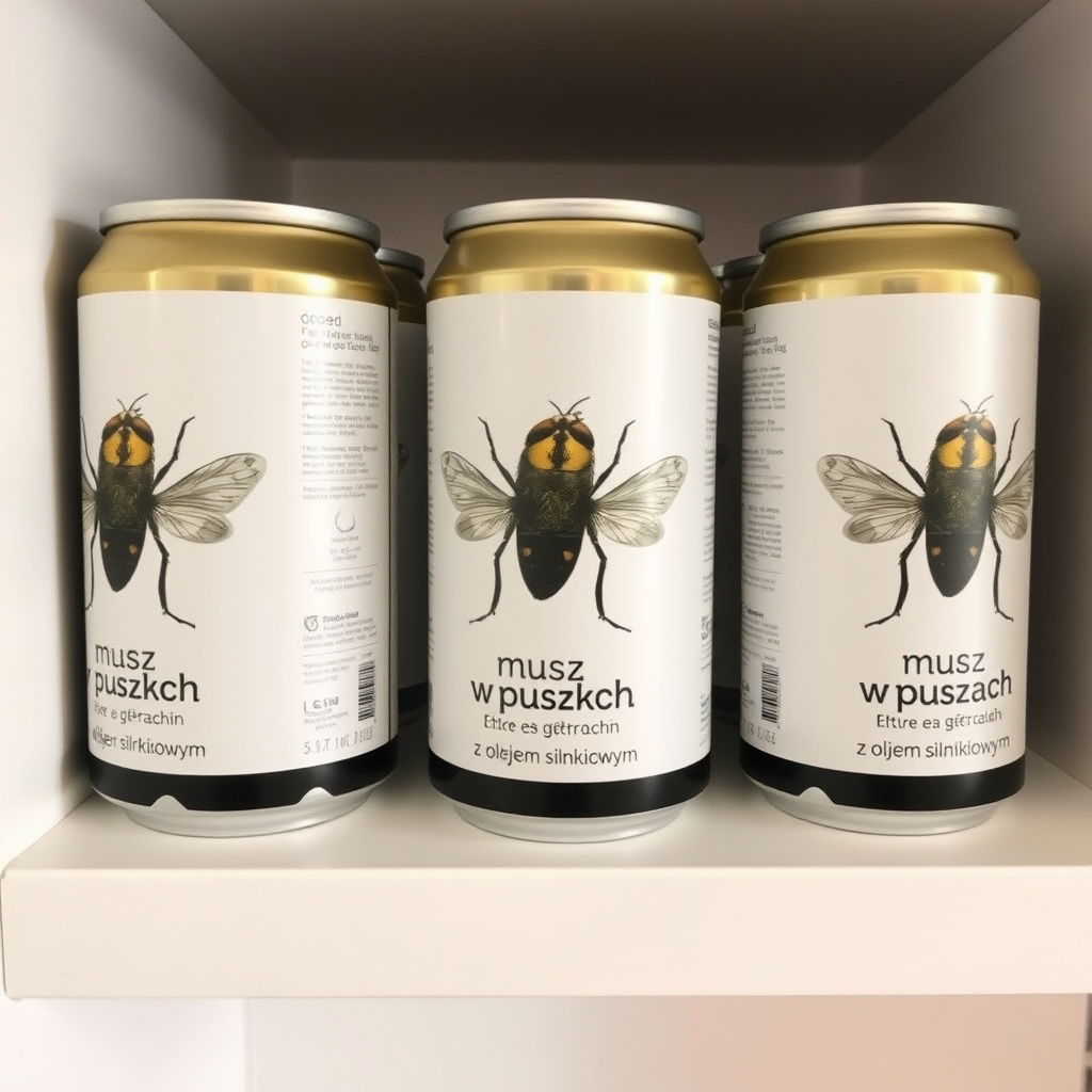 a small shelf with cans that have an image of a house fly on the label and text saying "musz w puszkach" and smaller text saying "z olejem silnikowym"