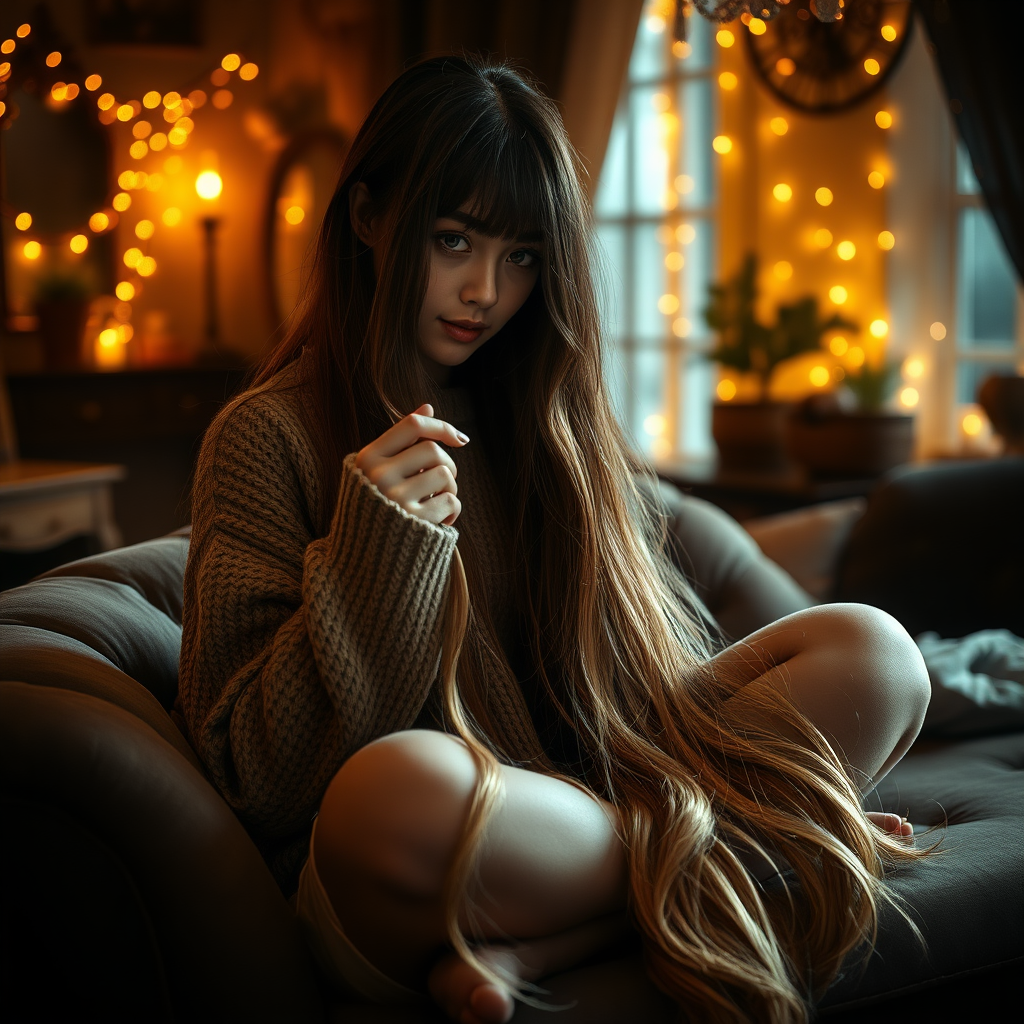 In a dimly lit room adorned with vintage decor, the soft glow of fairy lights dances off the walls, creating an intimate atmosphere. A figure, draped in a cozy oversized sweater, sits cross-legged on a plush, velvety chaise lounge, their fingers gently running through a cascade of silky, waist-length hair that shimmers under the warm light. Each strand glistens with rich shades of deep chestnut and honey highlights, swaying softly with the slightest movement, as the scent of jasmine and vanilla lingers in the air, adding a sweet touch to the serene setting. 

The figure's expression is a blend of curiosity and delight; their eyes sparkle with fascination as they twirl a lock of hair between their fingers, enjoying the feeling of its softness against their skin. The room is silent, save for the gentle rustle of hair and the faint sound of a melodic tune playing in the background, enhancing the enchanting ambiance. The feeling of longing and admiration is palpable, as they become lost in the moment, savoring the delicate connection between touch and the allure of cascading hair.