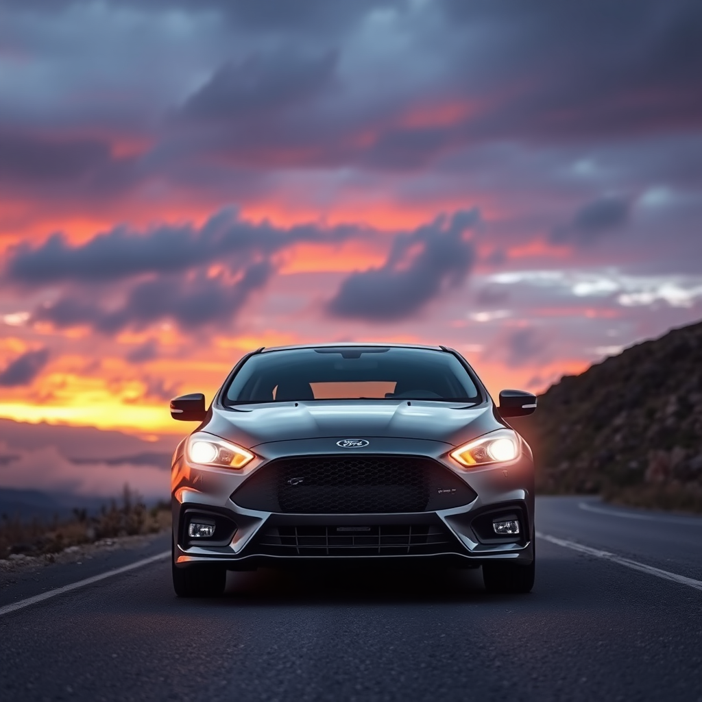 A METALLIC GRAY FORD FOCUS 2 WITH HEADLIGHTS ON AS SEEN FROM THE FRONT ON A MOUNTAIN ROAD AT SUNSET WROUGHT IN MULTICOLORED CLOUDS OF SMOKE