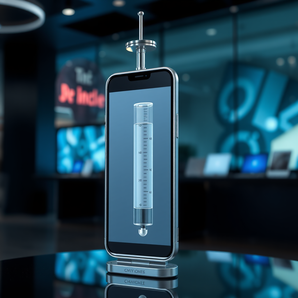 A mobile phone in the shape inspired by a syringe, metallic futuristic, kept for sale, in a showroom, metallic body, touchscreen phone with on screen.