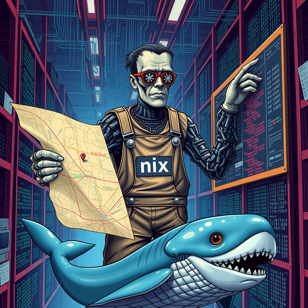 a cyberpunk frankenstein holding a big map in one hand and reaching for marker pins on a high board in a data warehouse, his arms are pythons. In the background are streams of data. His Overall reads "nix". He wears glasses in shape of snowflakes. he floats over a whale in a virtual world.