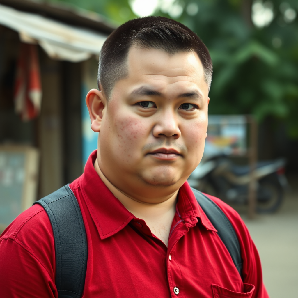 American, fat, buzzcut hair, very pale, red shirt, 27 years old, farang keenok