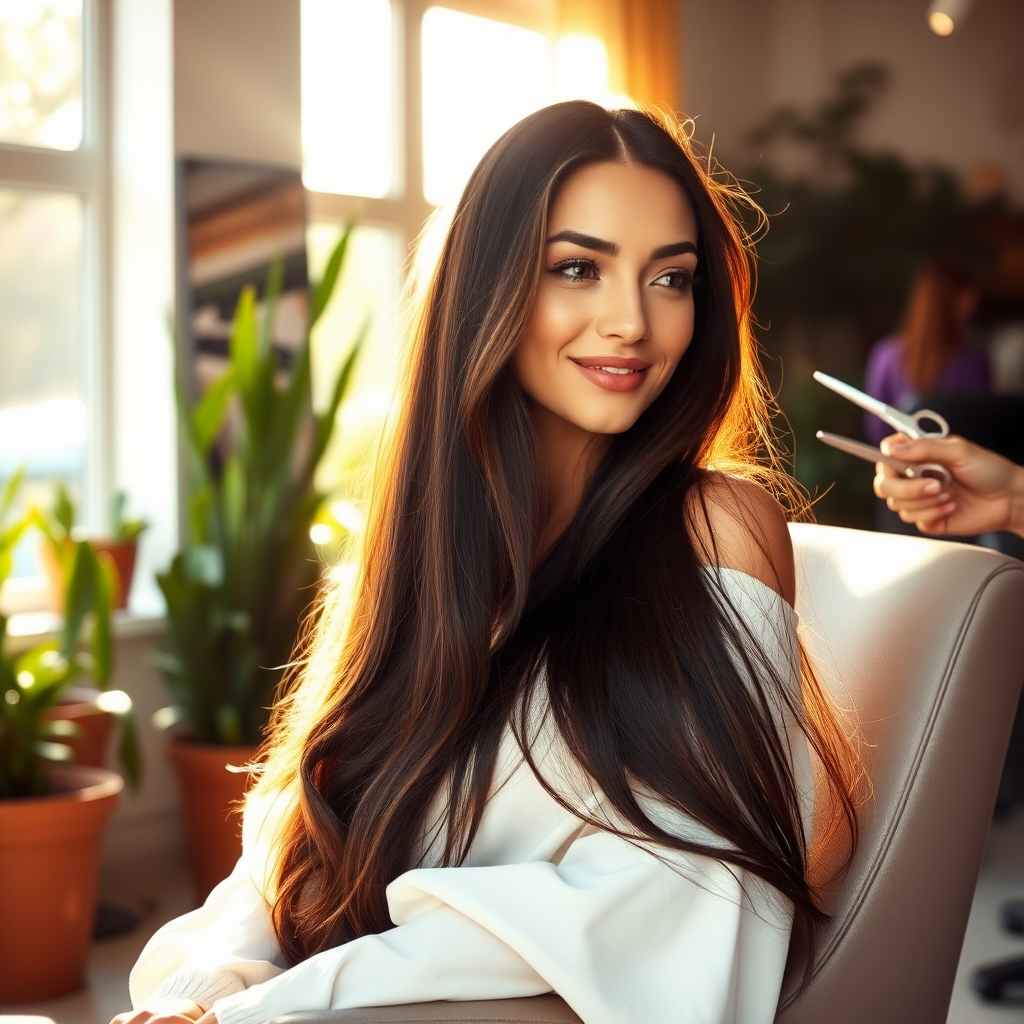 In a bright and airy salon adorned with potted plants and large windows allowing streams of warm sunlight to filter in, a stunning woman with exceptionally long, lustrous hair sits gracefully in a plush, ergonomic chair. Her silky locks cascade down her back like a waterfall of dark chocolate, shimmering with hints of auburn as the light dances upon them. As she prepares for a haircut, her expression blends anticipation with slight nervousness, a delicate smile playing on her lips.

The stylist, an energetic individual with a keen eye, approaches with a pair of scissors that glint under the soft lighting. The sound of gentle chatter and the faint hum of hairdryers create a lively backdrop, blending seamlessly with the subtle scent of lavender from the air fresheners. As the stylist carefully sections her hair, there’s a palpable mix of excitement and trepidation in the air, reflecting the transformative journey ahead.

Outside, a gentle breeze rustles the leaves of nearby trees, harmonizing with the soft music playing in the background. The atmosphere is charged with the promise of change, as the woman prepares to embrace a new chapter in her life, her stunning features framed by tendrils of hair catching the light just so.