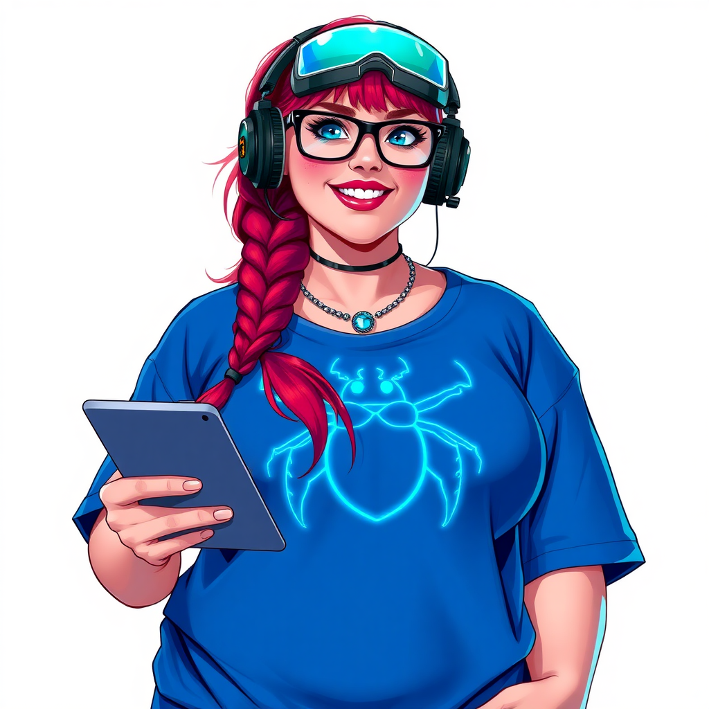 A cyberpunk vigilante’s full-figured intelligent and tech-savvy 29-year-old girlfriend, who is a computer hacker and tech genius. She has a long ruby red ponytail and bright blue eyes. She wears a sapphire beetle gemstone necklace, and an oversized maximum blue t-shirt featuring a giant neon blue glowing icon of a beetle on its chest. She has a full-figured physique with a prominent, gargantuan, round midsection, reflecting her well-cared-for lifestyle. The midsection is heavily emphasized. She sports a sapphire headset with hi-tech maximum turquoise lensed HUD visor, black eyeglasses, and a beaming smile with a passionate bright red blush. Despite her figure and a lack of self-esteem, she radiates an air of beauty. She has an angular face which contributes to her radiant beauty. She serves as his tech expert from his hideout, holding a holographic tablet and a hi-tech tool wrench. The background is solid white. She is drawn as if she was in a retro 2D cyberpunk fighting game. Make sure her shirt covers her round midsection.