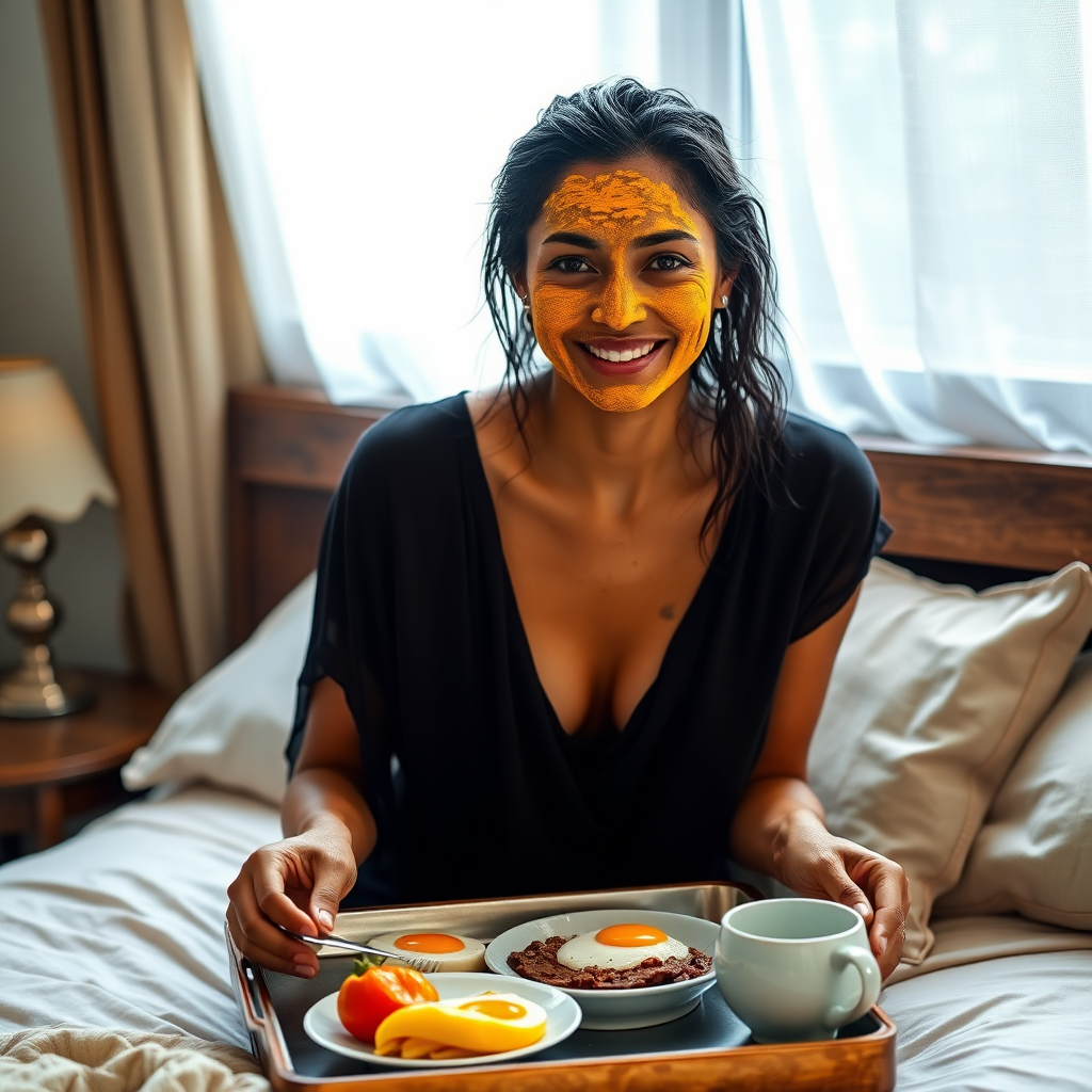 slim, 30 year old, sexy, indian wife, wet hair, face veil, turmeric face mask. She is smiling and serving breakfast on a tray on bedside table