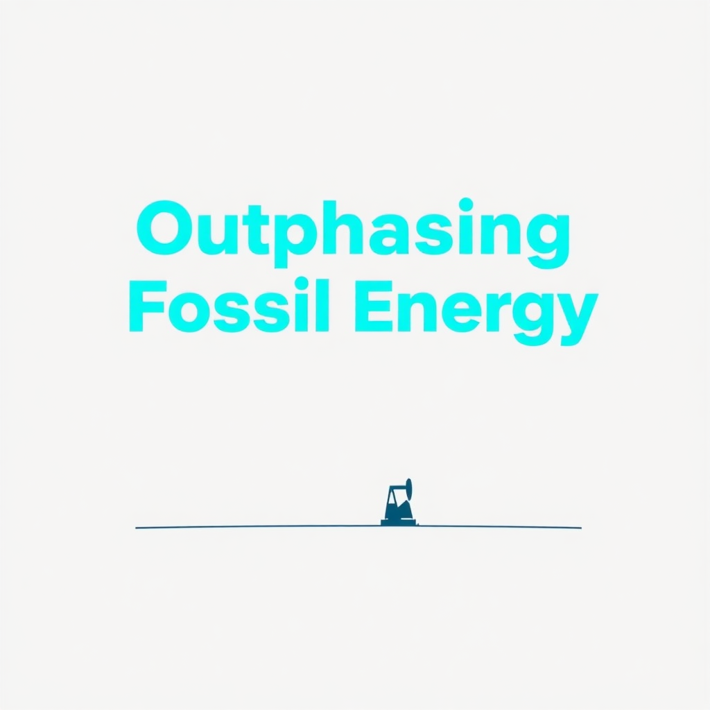 Create a minimalist presentation slide with the headline 'Outphasing Fossil Energy' in bold blue font at the top center. Add a simple and professional illustration about stopping the use of fossil fuels beneath the text, keeping the design clean and balanced.