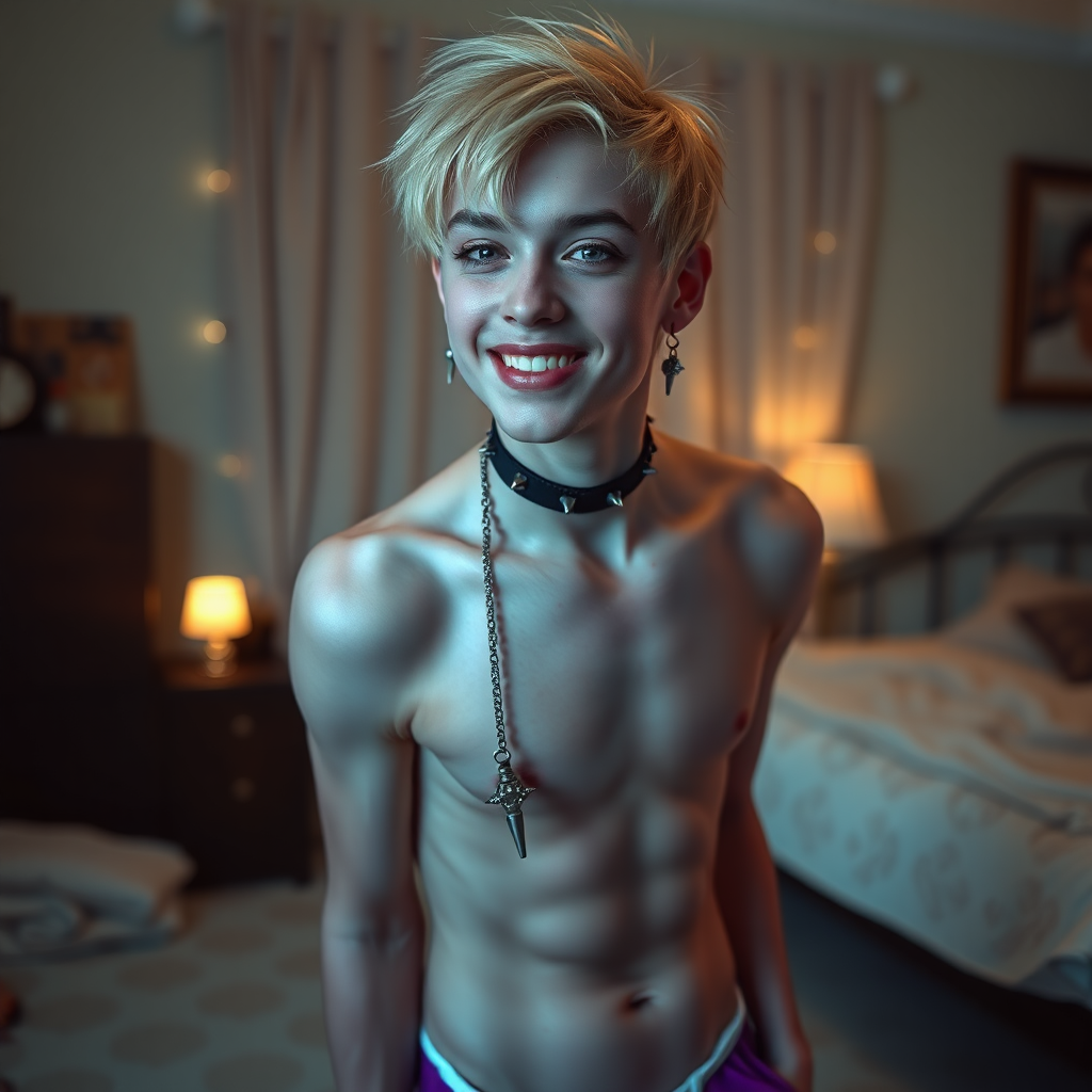 photorealistic, ultra high resolution, 16K, surreal fantasy, studio lighting, a pretty 14 year old goth male, slim male physique, short blonde hair, goth makeup, earrings, glossy purple pantyhose, white ballet shoes, spikey neck collar and leash, in the bedroom, excited smile, facing the camera.