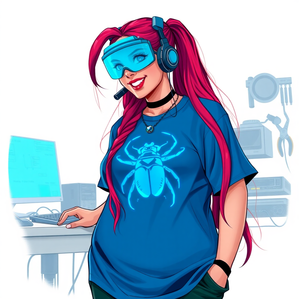 A cyberpunk vigilante’s full-figured intelligent and tech-savvy 29-year-old girlfriend, who is a computer hacker and tech genius. She has a long ruby red ponytail and bright blue eyes. She wears a sapphire beetle gemstone necklace, and an oversized maximum blue t-shirt featuring a giant neon blue glowing icon of a beetle on its chest. She has a full-figured physique with a prominently, gargantuan, well-rounded midsection, reflecting her well-cared-for lifestyle. The midsection is heavily emphasized. She sports a sapphire headset with hi-tech maximum turquoise lensed HUD visor, black eyeglasses, and a beaming smile with a passionate bright red blush. Despite her figure and a lack of self-esteem, she radiates an air of beauty. She has a slim face which contributes to her radiant beauty. She serves as his tech expert from his hideout, dutifully working at her workshop with a computer desk and tool bench. The background is solid white. She is drawn as if she was in a retro 2D cyberpunk fighting game. Ensure her shirt covers her well-rounded midsection.